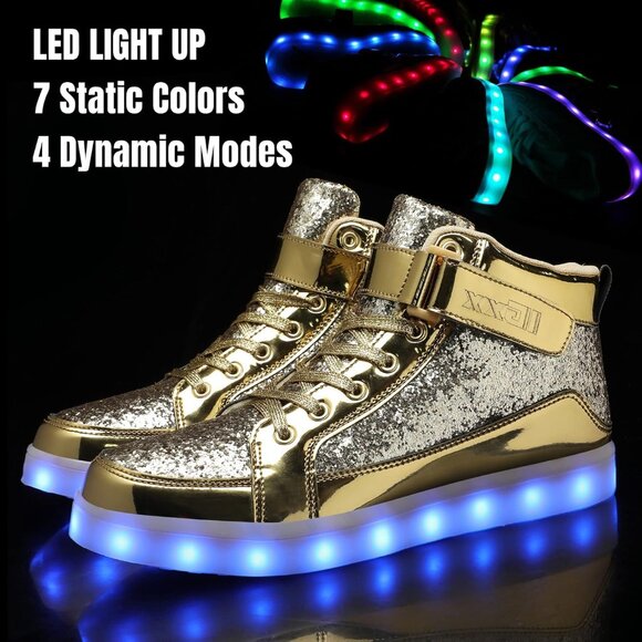 ⚡Unisex Glitter Gold USB Recharging High Top LED Light Up Casual Sneakers - Picture 3 of 6